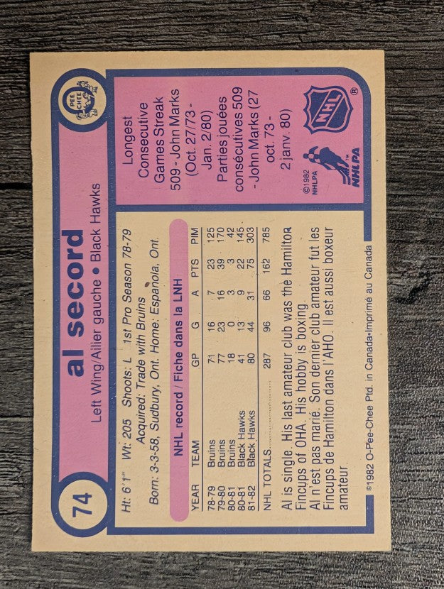1982-83 O-Pee-Chee #74 Al Secord