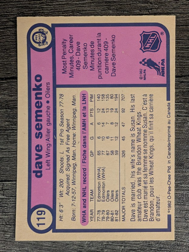 1982-83 O-Pee-Chee #119 Dave Semenko