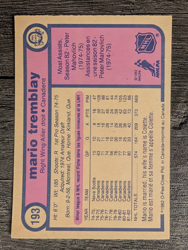 1982-83 O-Pee-Chee #193 Mario Tremblay