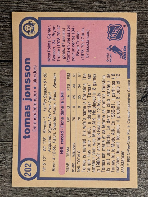 1982-83 O-Pee-Chee #202 Tomas Jonsson RC