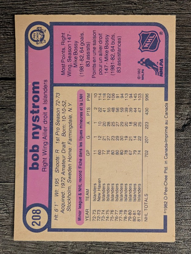 1982-83 O-Pee-Chee #208 Bob Nystrom