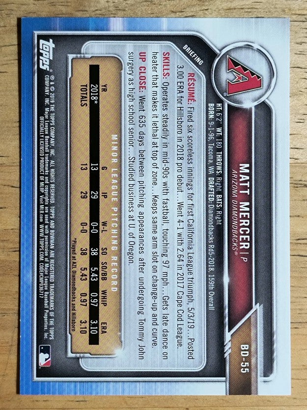 2019 Bowman Draft Sky Blue #BD55 Matt Mercer