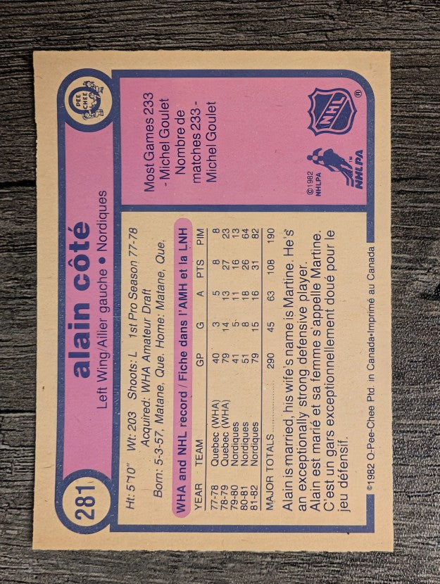 1982-83 O-Pee-Chee #281 Alain Cote