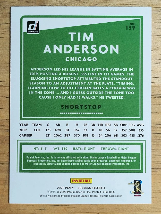 2020 Donruss Yellow #139 Tim Anderson