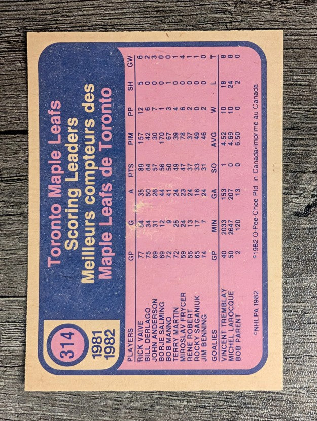 1982-83 O-Pee-Chee #314 Rick Vaive