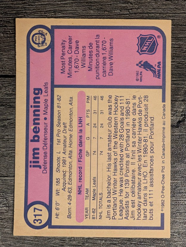 1982-83 O-Pee-Chee #317 Jim Benning RC