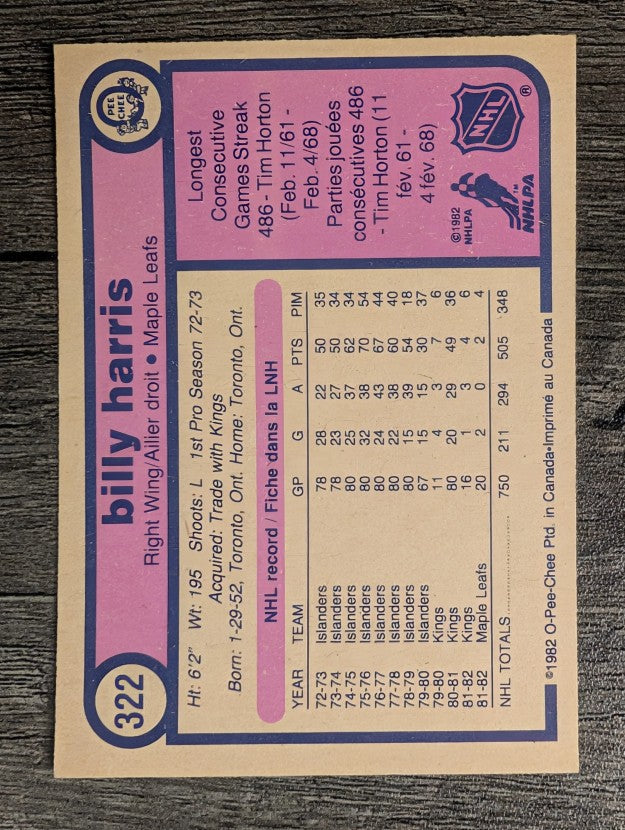 1982-83 O-Pee-Chee #322 Billy Harris