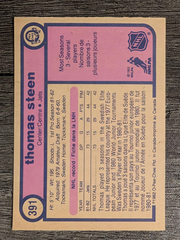 1982-83 O-Pee-Chee #391 Thomas Steen RC