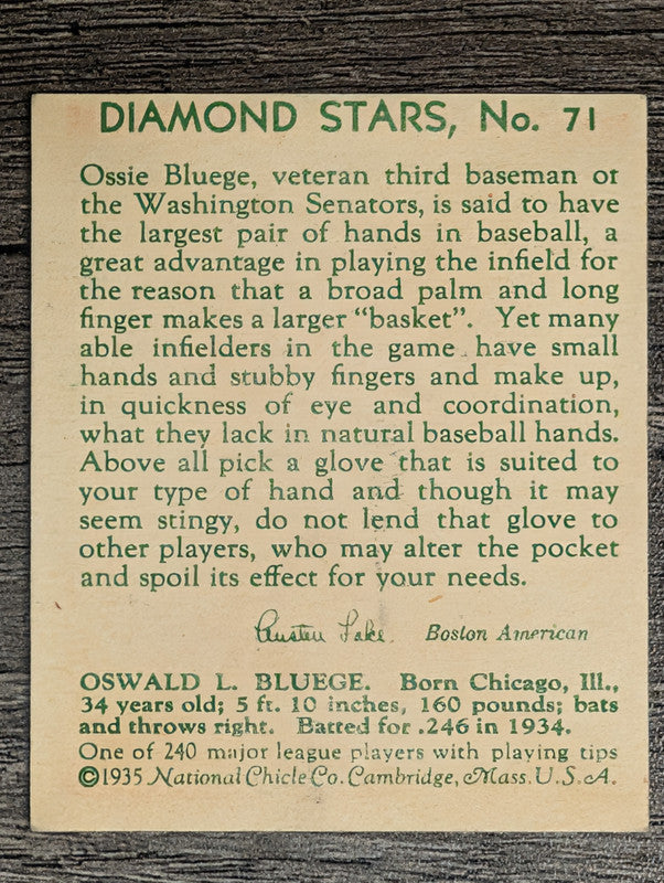 1934-36 Diamond Stars #71 Ossie Bluege 35G (TRIMMED)