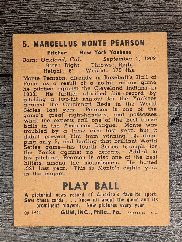 1940 Play Ball #5 Monte Pearson (VG)