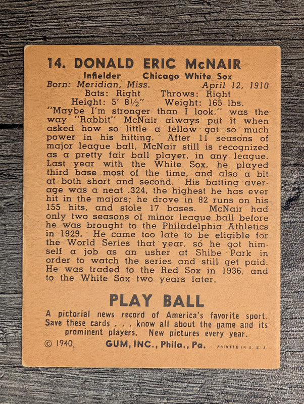 1940 Play Ball #14 Rabbit McNair (VGEX)