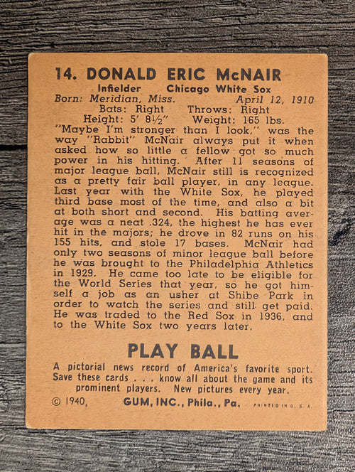 1940 Play Ball #14 Rabbit McNair (VGEX)