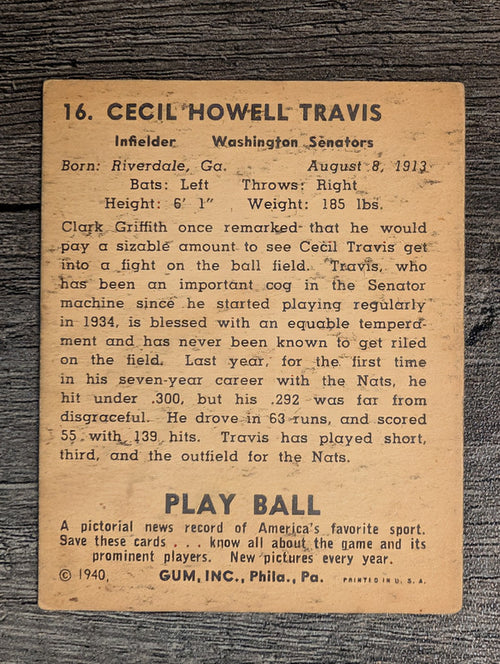1940 Play Ball #16 Cecil Travis (VGEX)