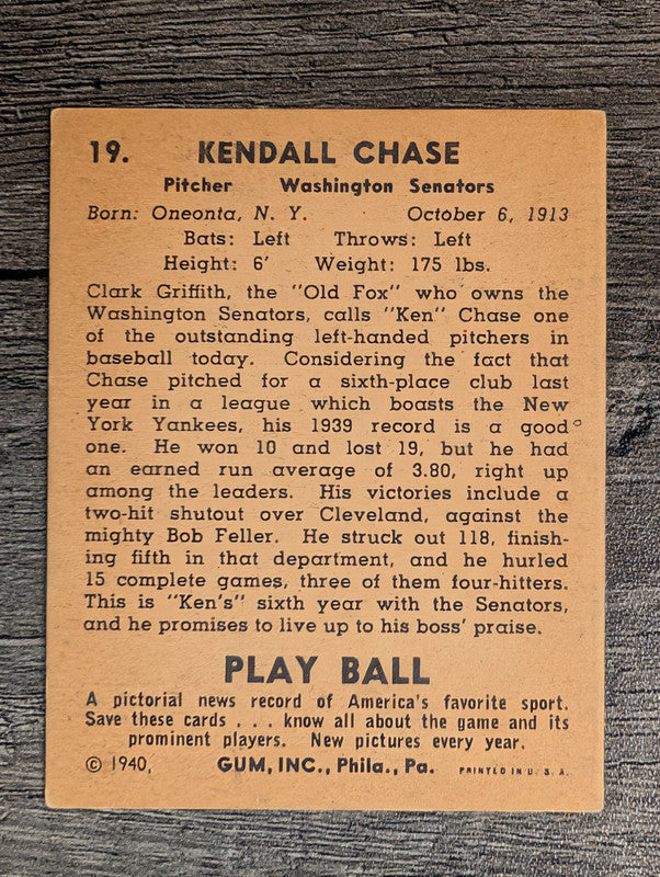 1940 Play Ball #19 Ken Chase (EX)