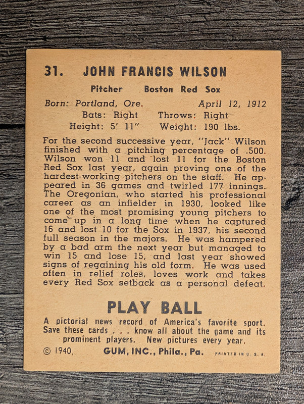 1940 Play Ball #31 Jack Wilson (EX)