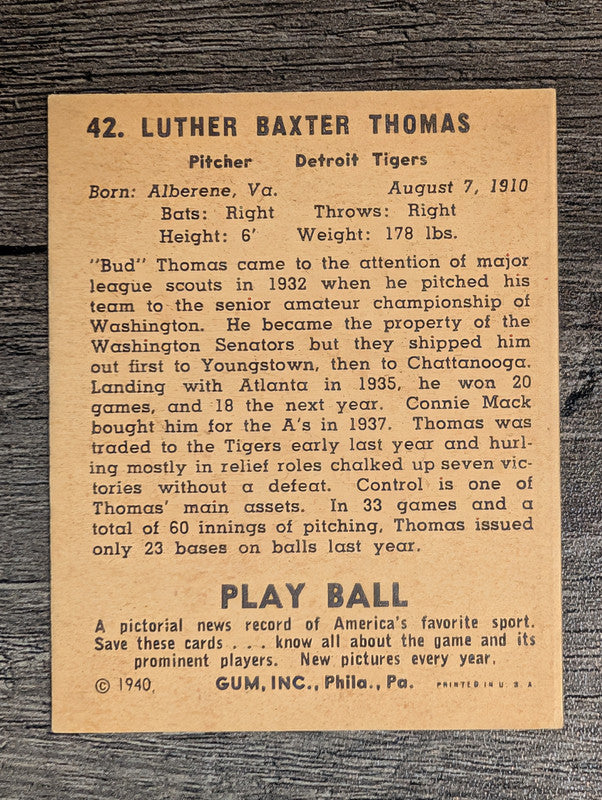 1940 Play Ball #42 Bud Thomas (EX)