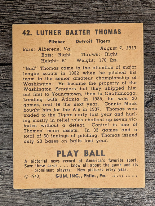 1940 Play Ball #42 Bud Thomas (EX)