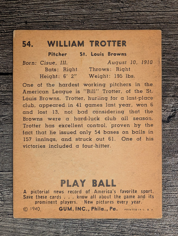 1940 Play Ball #54 Bill Trotter (VGEX)