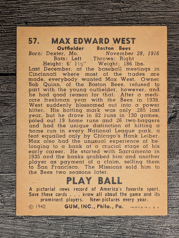 1940 Play Ball #57 Max West (EX)