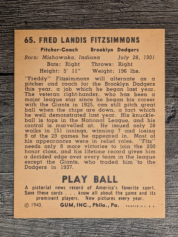 1940 Play Ball #65 Fred Fitzsimmons (EX)