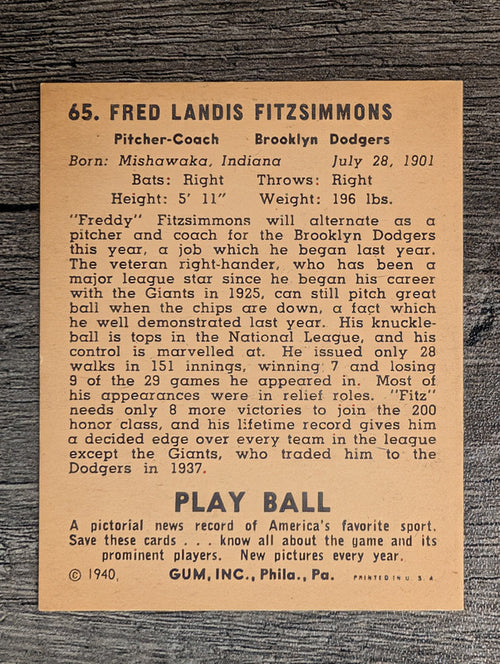 1940 Play Ball #65 Fred Fitzsimmons (EX)