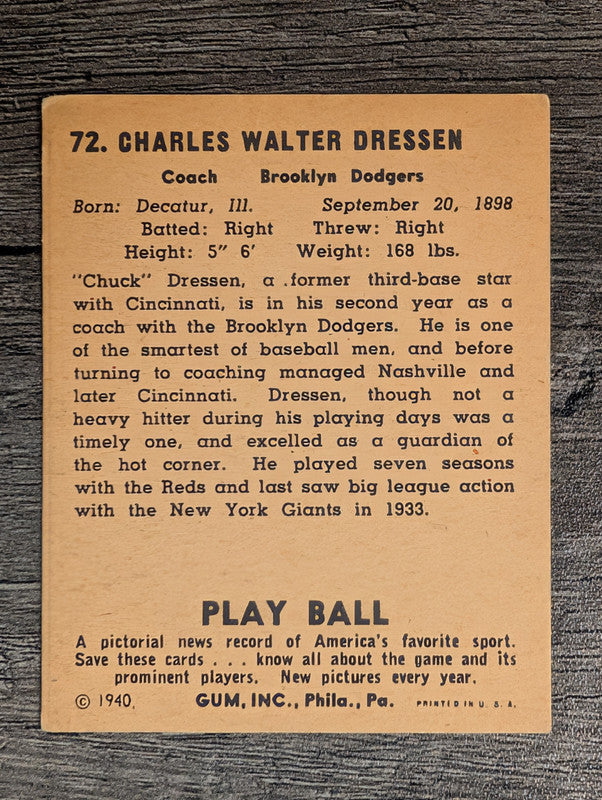 1940 Play Ball #72 Chuck Dressen RC (VGEX)