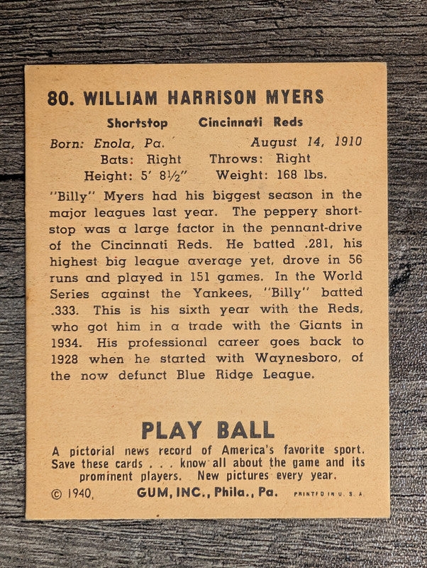 1940 Play Ball #80 Billy Myers (EX)