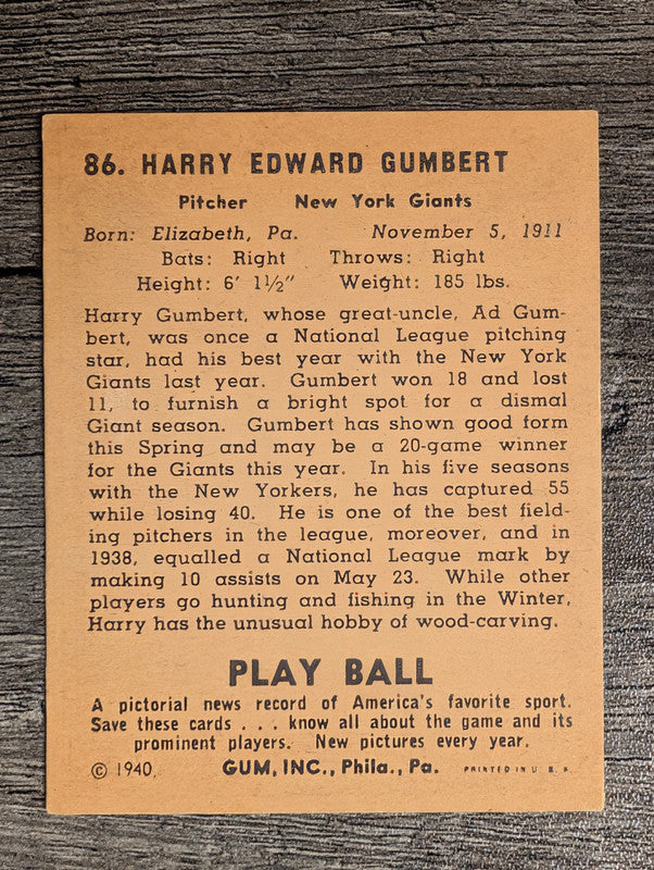1940 Play Ball #86 Harry Gumbert (VGEX)