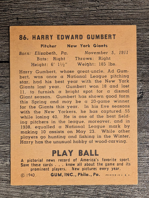 1940 Play Ball #86 Harry Gumbert (VGEX)