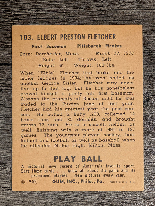 1940 Play Ball #103 Elbie Fletcher (EX)