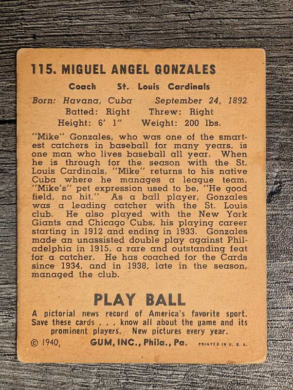 1940 Play Ball #115 Mike Gonzalez CO (VG)