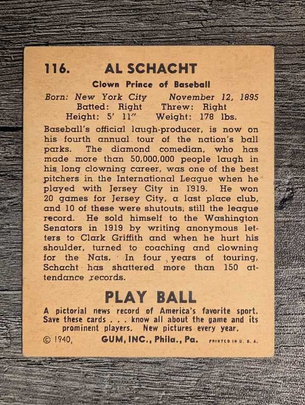 1940 Play Ball #116 Al Schacht (VGEX)