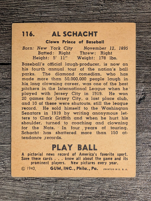 1940 Play Ball #116 Al Schacht (VGEX)