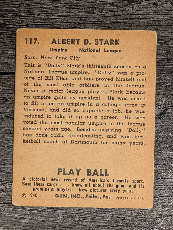 1940 Play Ball #117 Dolly Stark UMP (VG)