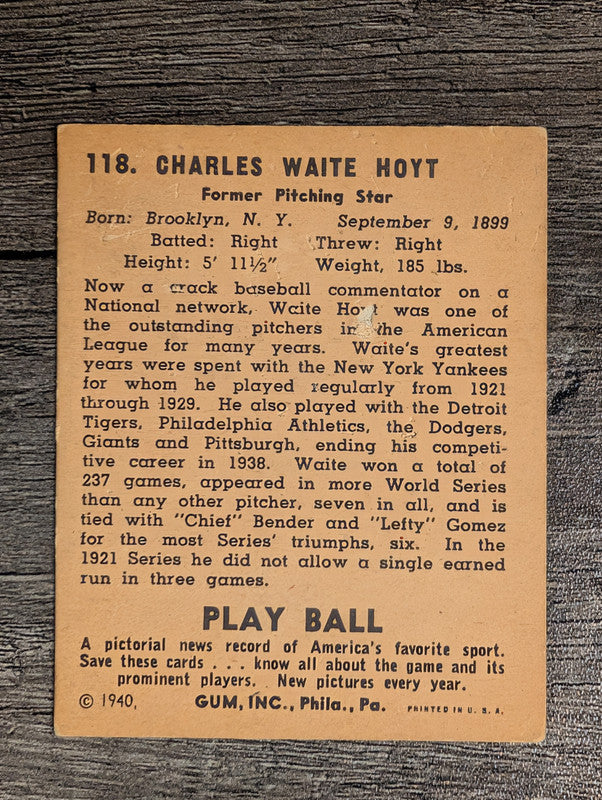 1940 Play Ball #118 Waite Hoyt (VG)