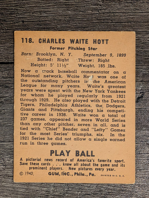 1940 Play Ball #118 Waite Hoyt (VG)