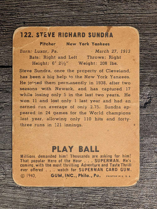 1940 Play Ball #122 Sandy Sundra RC (POOR)