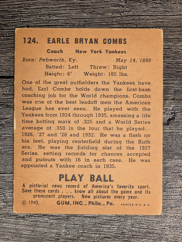 1940 Play Ball #124 Earle Combs (VG)