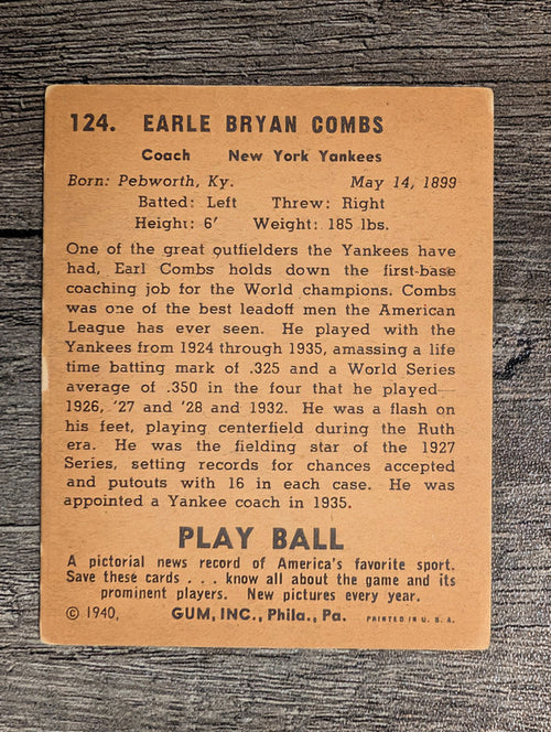 1940 Play Ball #124 Earle Combs (VG)