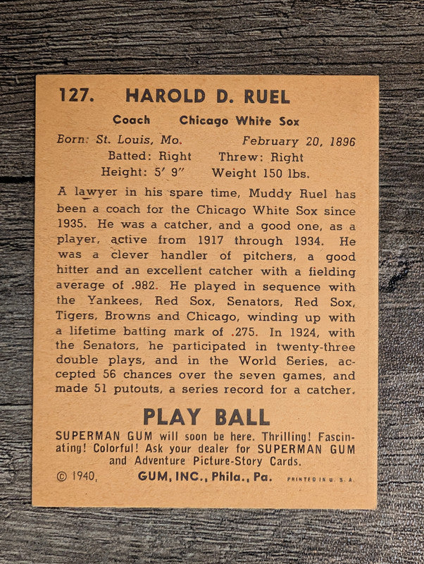 1940 Play Ball #127 Muddy Ruel (VGEX)