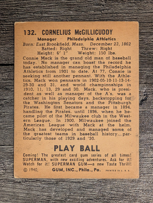 1940 Play Ball #132 Connie Mack MG RC (VG)