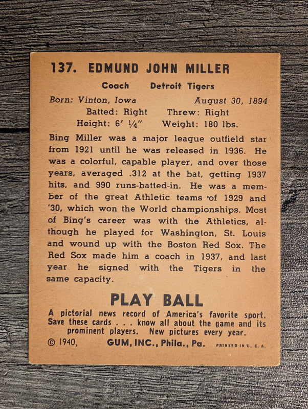 1940 Play Ball #137 Bing Miller (VGEX)
