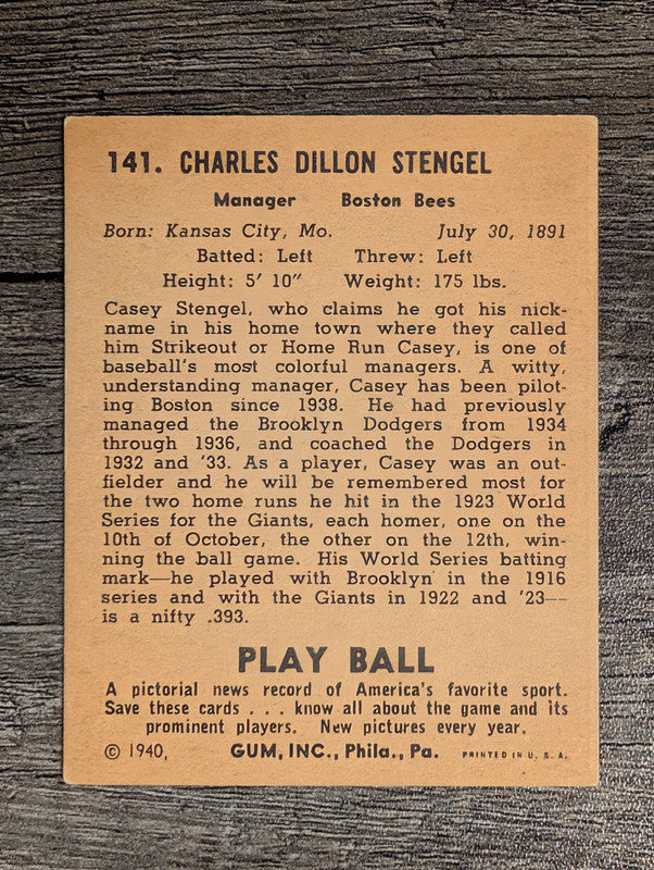 1940 Play Ball #141 Casey Stengel MG RC (EX)
