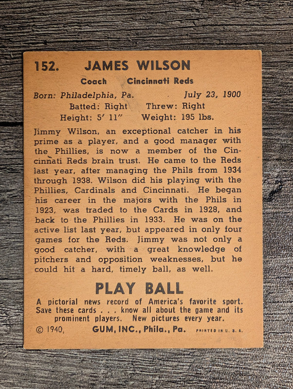 1940 Play Ball #152 Jimmy Wilson (VGEX)