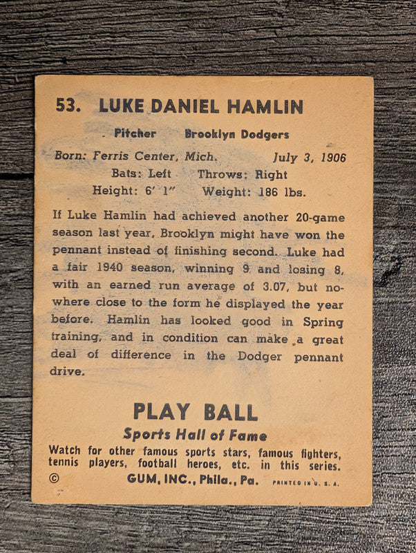 1941 Play Ball #53 Luke Hamlin (POOR)