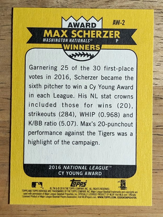 2017 Topps Heritage Award Winners #AW2 Max Scherzer