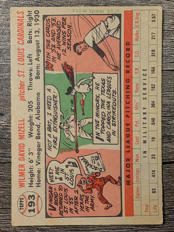 1956 Topps #193 Wilmer Mizell Low Grade