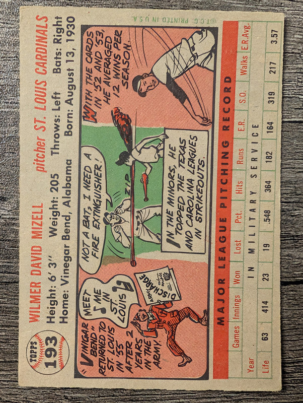 1956 Topps #193 Wilmer Mizell Low Grade
