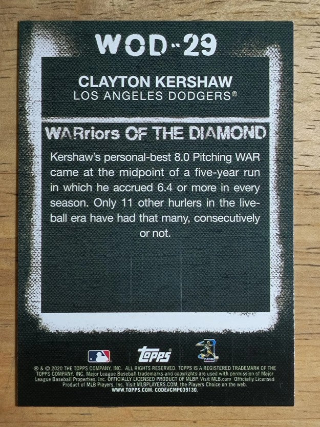 2020 Topps Warriors of the Diamond #WOD29 Clayton Kershaw