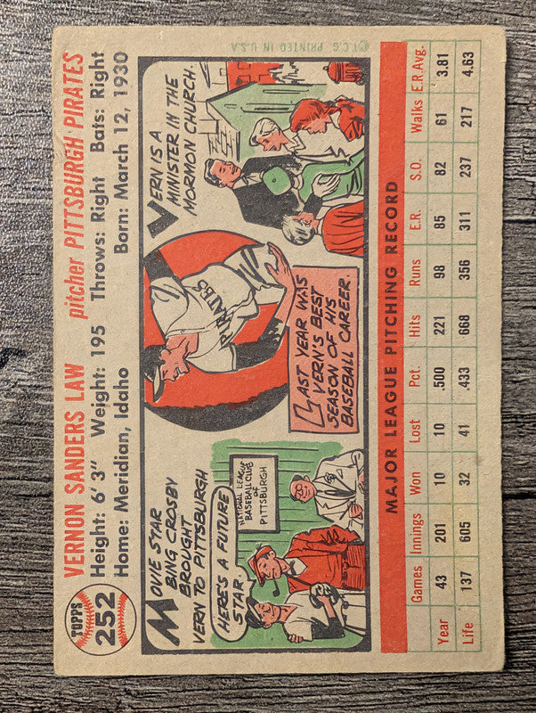 1956 Topps #252 Vern Law Low Grade